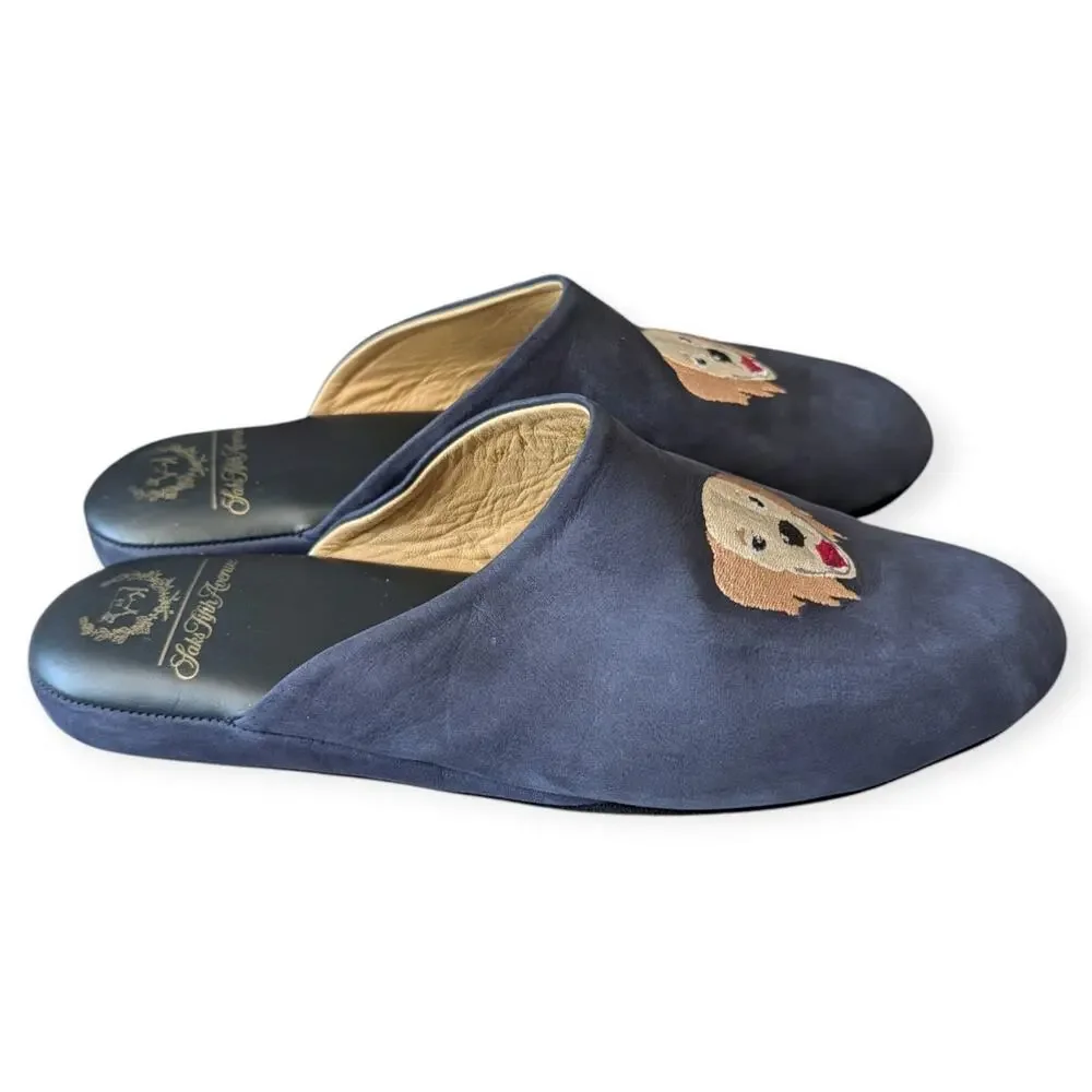 Del Toro x Saks Fifth Avenue Dog Embroidered Navy Blue House Slippers Mens 10.5